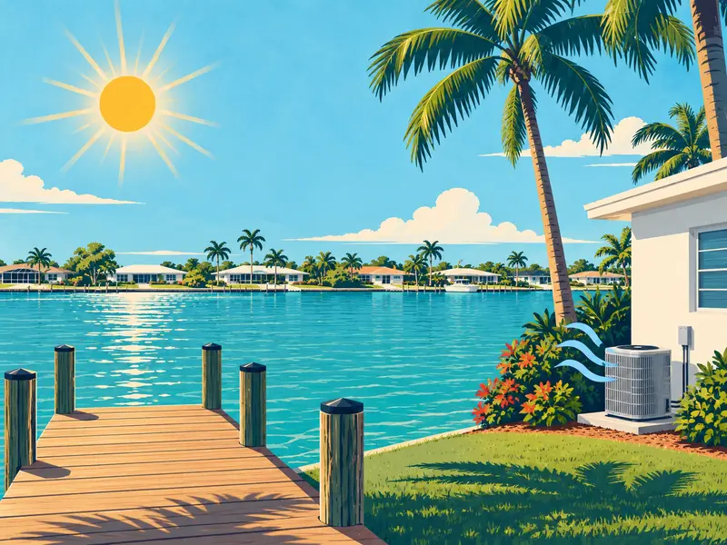 A sunny North Fort Myers waterfront with a dock, palms and a new AC unit