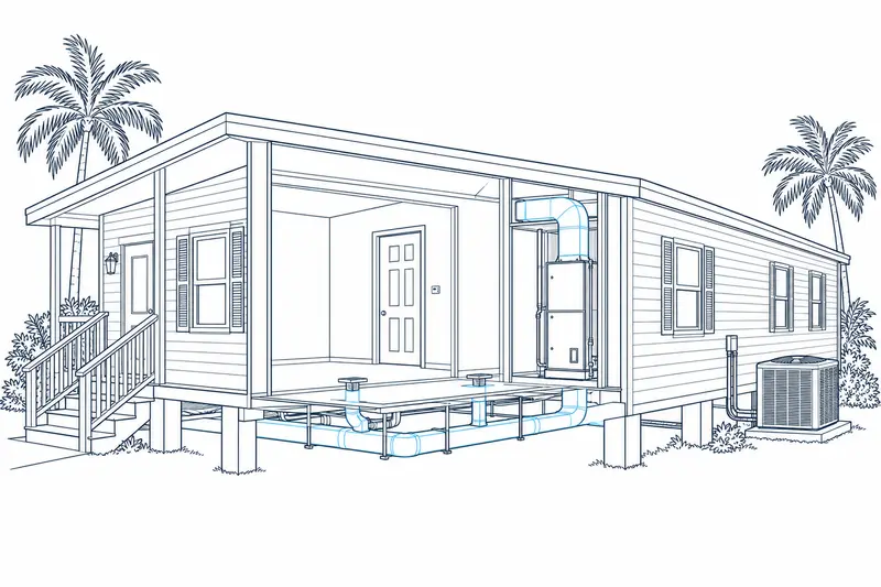 Cutaway drawing of a manufactured home showing its air handler, ductwork and outdoor AC unit