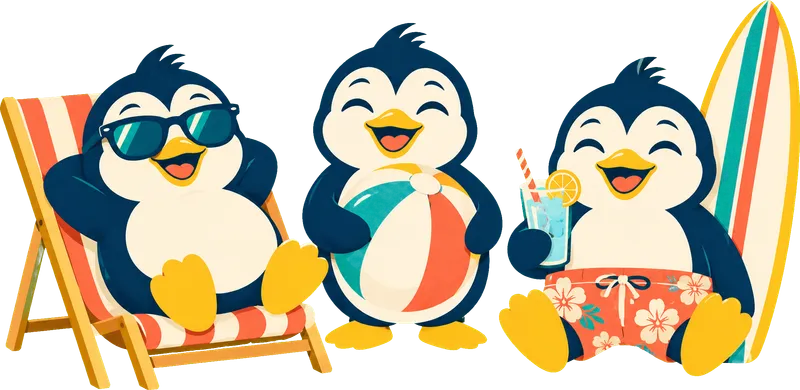The three Custom Cooling penguins relaxing on the dock