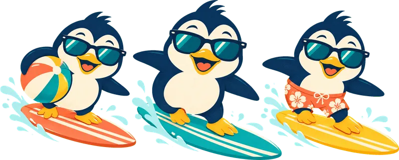 The three Custom Cooling penguins surfing the wave together