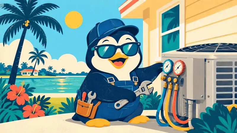 A penguin technician fixing an AC unit